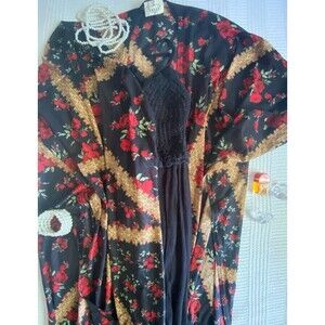 Ember M kimono duster dark floral black fringe boho chic womens coverup top NWOT